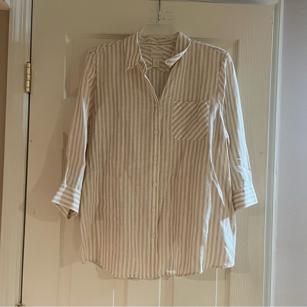 Women’s Chico’s Linen Button Up Tan Blouse Size 2